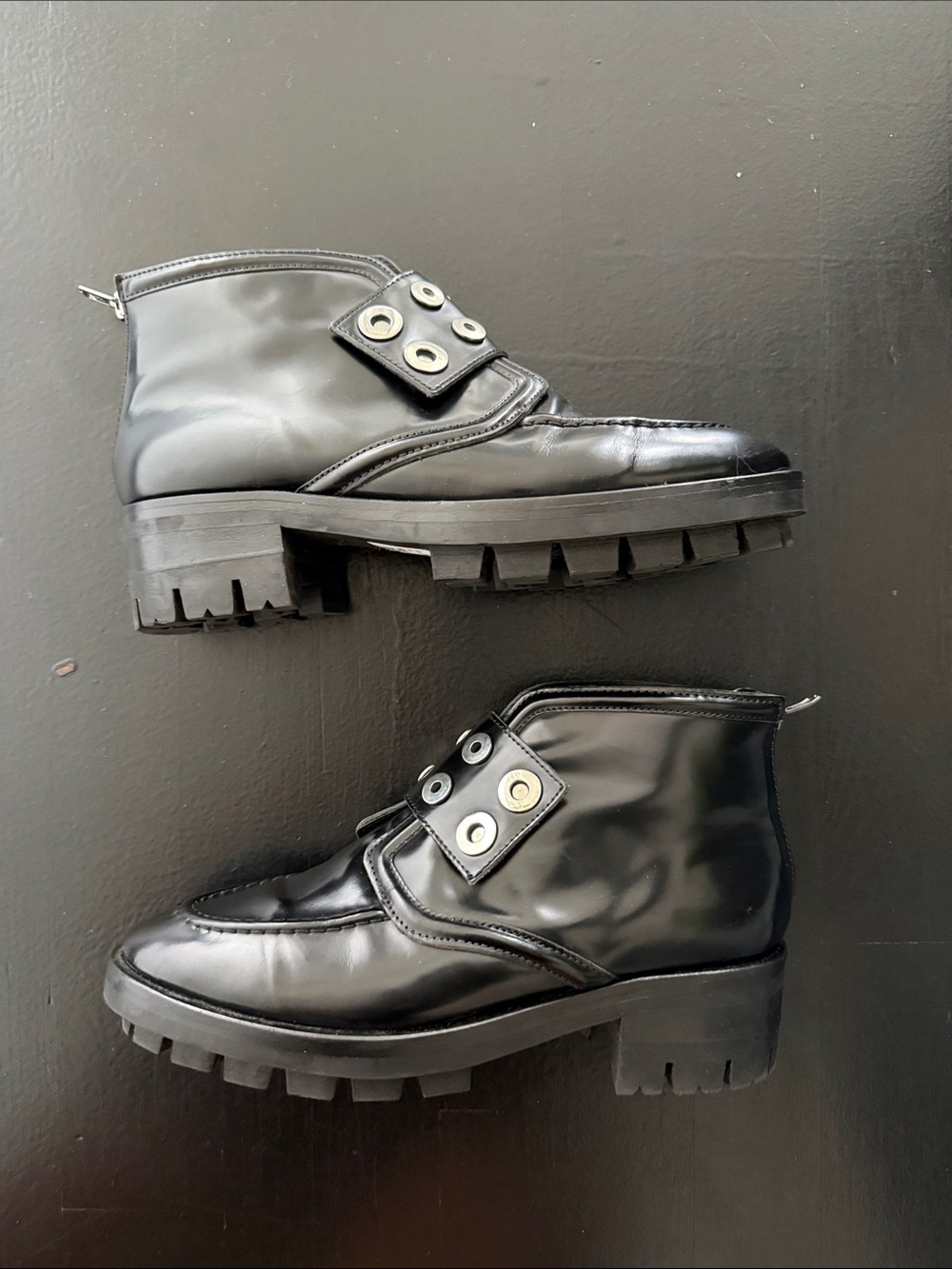 Sandro Black Leather Lug Sole Ankle Boots with Grommet Detail